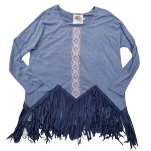 Missy Robertson gray fringe blouse long sleeve M embroidery